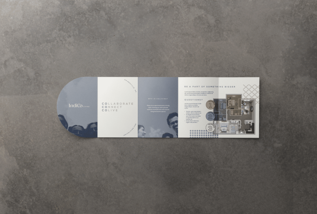 A blue and white brochure on a concrete surface.